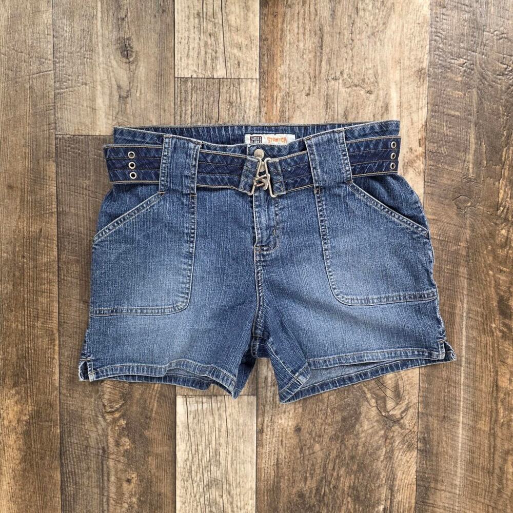 Y2K Utility Denim Shorts High Rise Waist Buckle Cargo Size 8 Grommet Belt Baggy